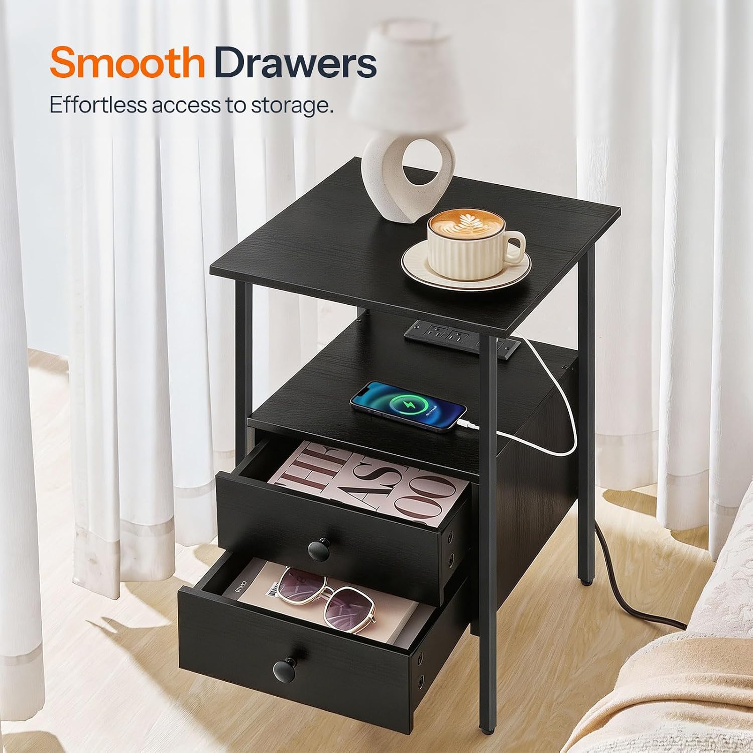 HOOBRO End Table with Charging Station, Bedside Table with 2 Drawer & USB Port & Type-C Port, Nightstand for Small Spaces, Stable and Sturdy, for Living Room, Black BB43UBZ01