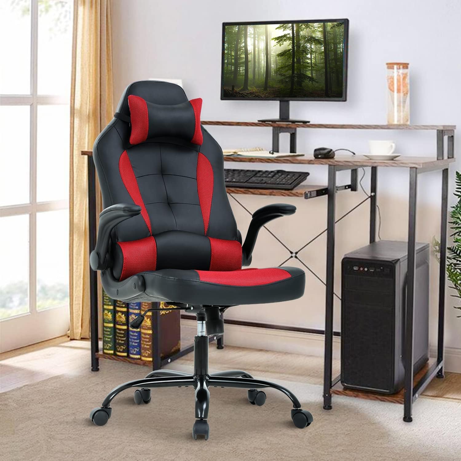 Gaming Desk Chair PC Gaming Chair Gamer Chair, Comftorable Ergonomic PU Leather Computer Office Chair with Lumbar Support Flip Up Arms, High Back Executive Gaming Stuff for Girl Kids Adults (Red)