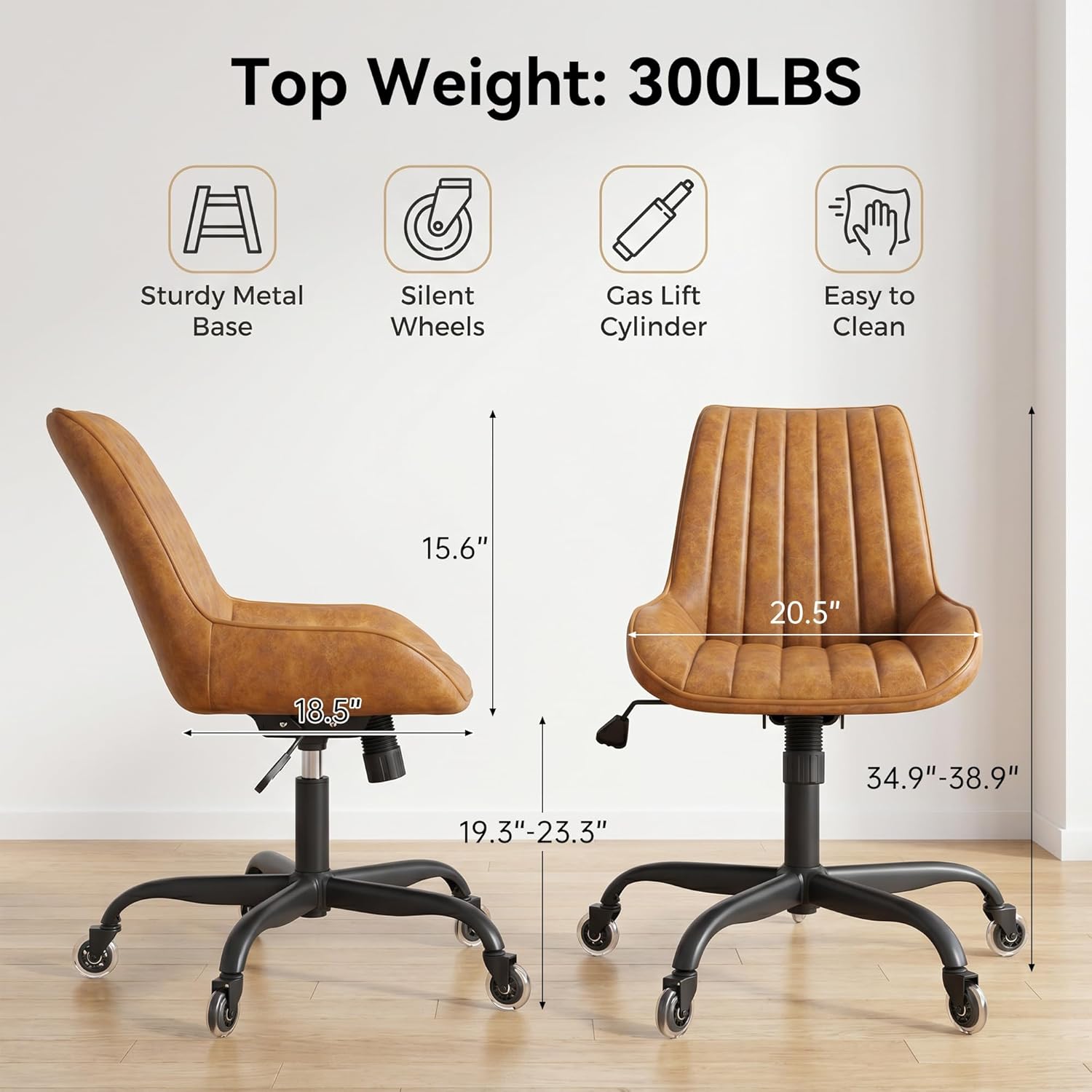 Armless Office Chair, Mid Back Modern Desk Chair with Rubber Wheels, 360 Swivel PU Leather Office Chair No Arms, Adjustable Height Small Computer Chair, Armless Desk Chair for Office, Brown