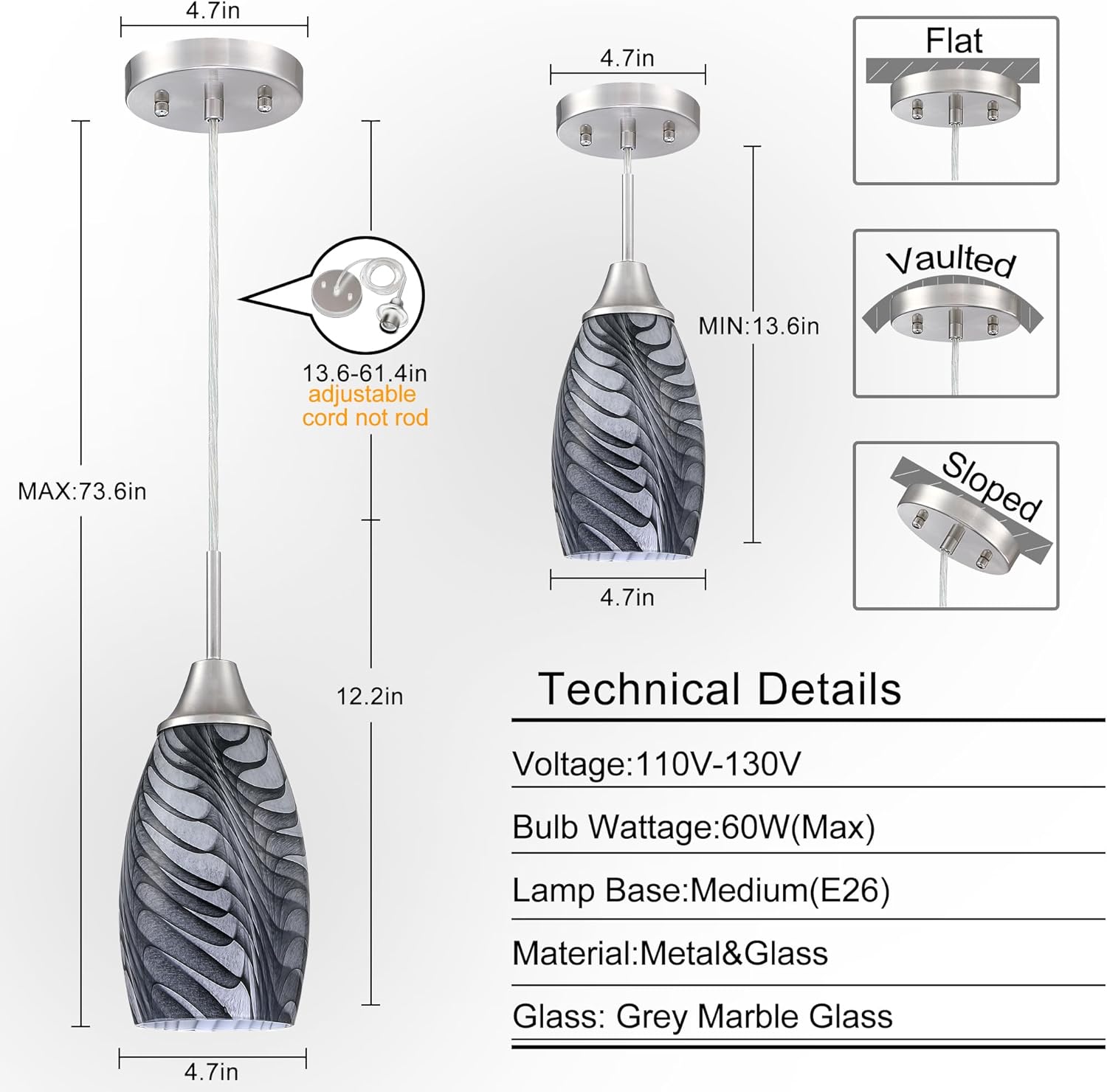 Viinew Mini Glass Pendant Light 4.72" with Handblown Black Gray Marble Art Glass Hanging Light 3-Pack Oval Ceiling Hanging Light Fixture for Dining Room Kitchen Island Cafe Foyer Hallway