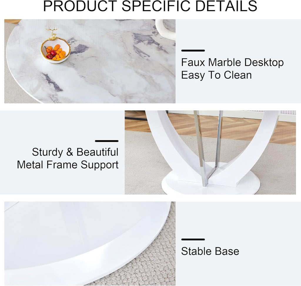 47" Round Dining Table Set for 4, Faux Marble Kitchen Table with 4 Upholstered Chairs, Modern High Glossy Base Table Set for Kitchen Dining Room