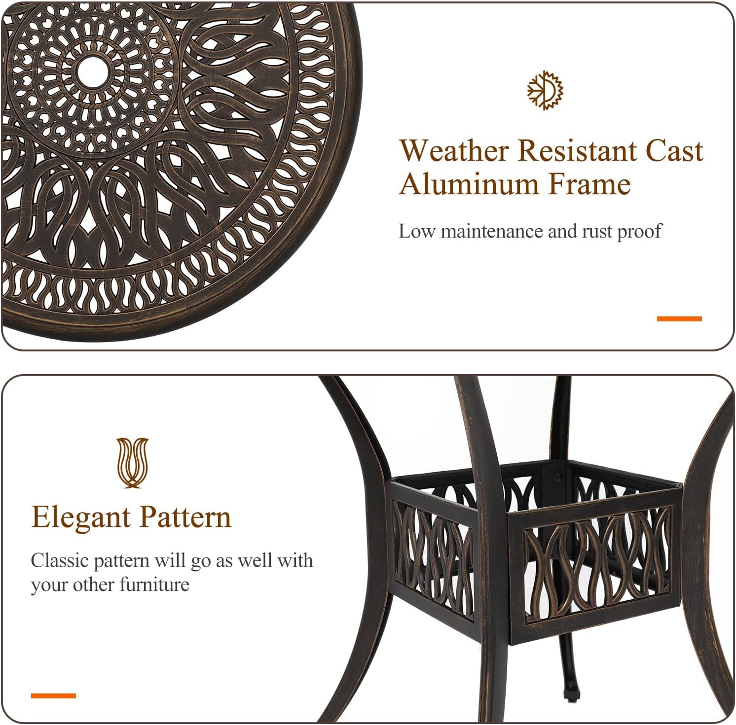 VINGLI 35.4' Dia Patio Dining Table with Umbrella Hole, Cast Aluminum Bistro Table for Outdoor Garden Use (35.4' Dia x 29.5' H)