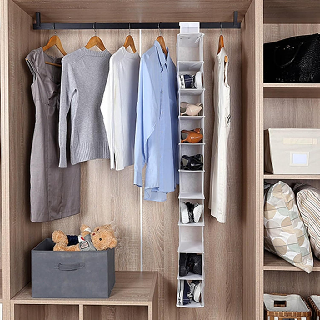 Hanging Closet Shoe Organizer, 10 Shelf, Non-Woven Polypropylene, Arctic White, Collapsible, 5.5x11.5x52 Inch