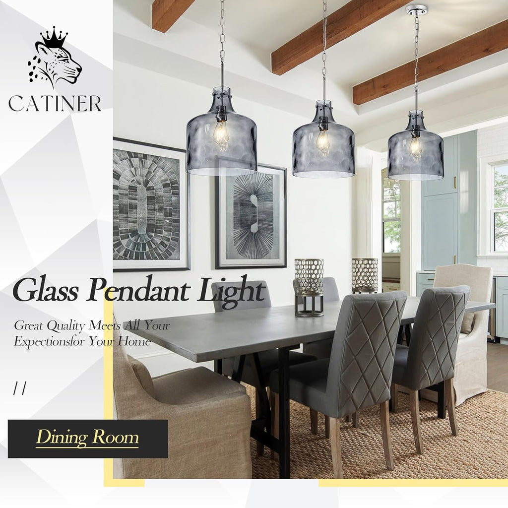 CATINER 16" Extra Large Farmhouse Pendant Light – Hand-Blown Smoked Gray Hammered Glass Shade, Polished Chrome Finish, Adjustable Chain Hanging Light Fixture for Kitchen Island, Dining Room, Hallway