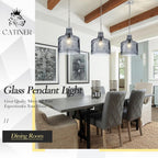CATINER 16" Extra Large Farmhouse Pendant Light – Hand-Blown Smoked Gray Hammered Glass Shade, Polished Chrome Finish, Adjustable Chain Hanging Light Fixture for Kitchen Island, Dining Room, Hallway