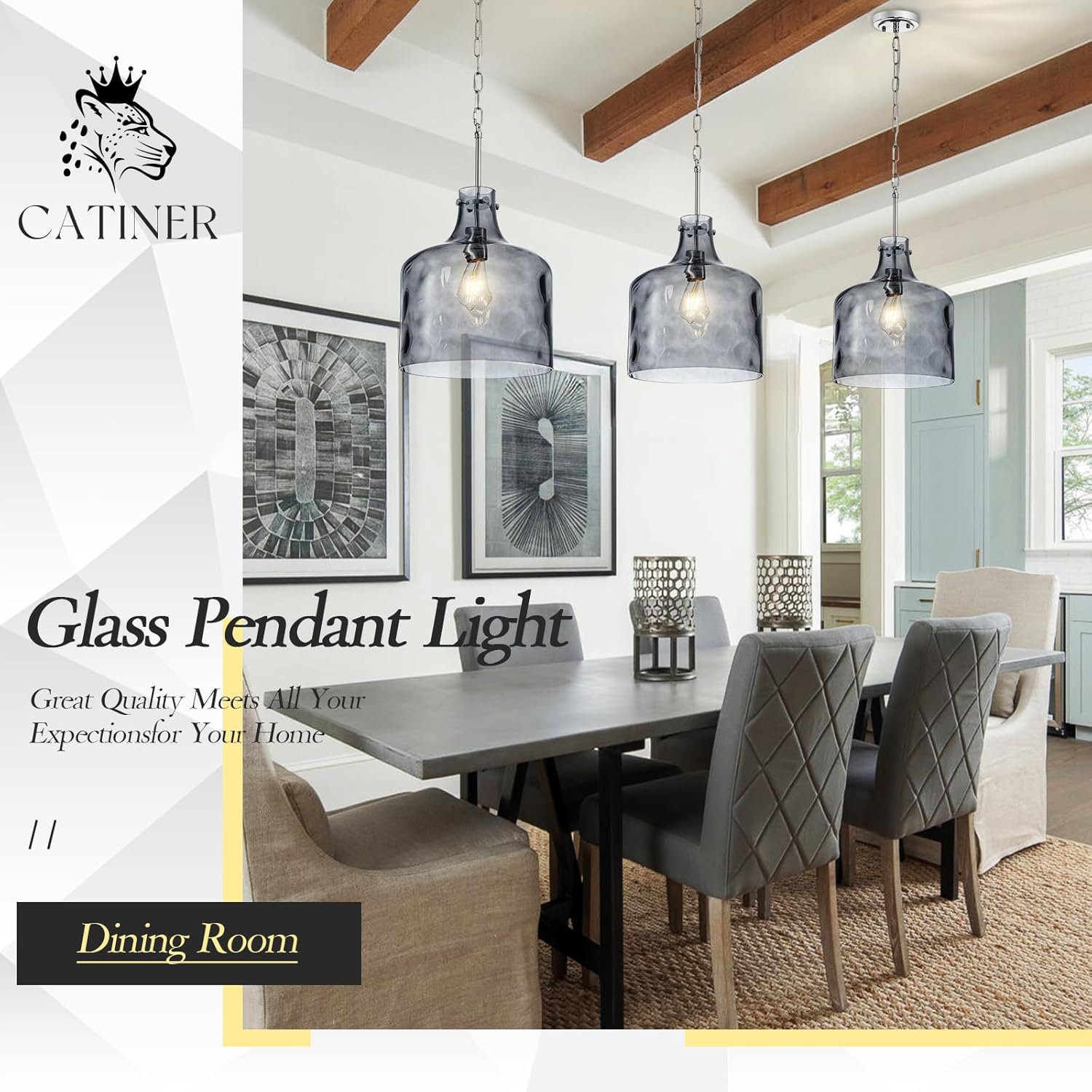 CATINER 16" Extra Large Farmhouse Pendant Light – Hand-Blown Smoked Gray Hammered Glass Shade, Polished Chrome Finish, Adjustable Chain Hanging Light Fixture for Kitchen Island, Dining Room, Hallway