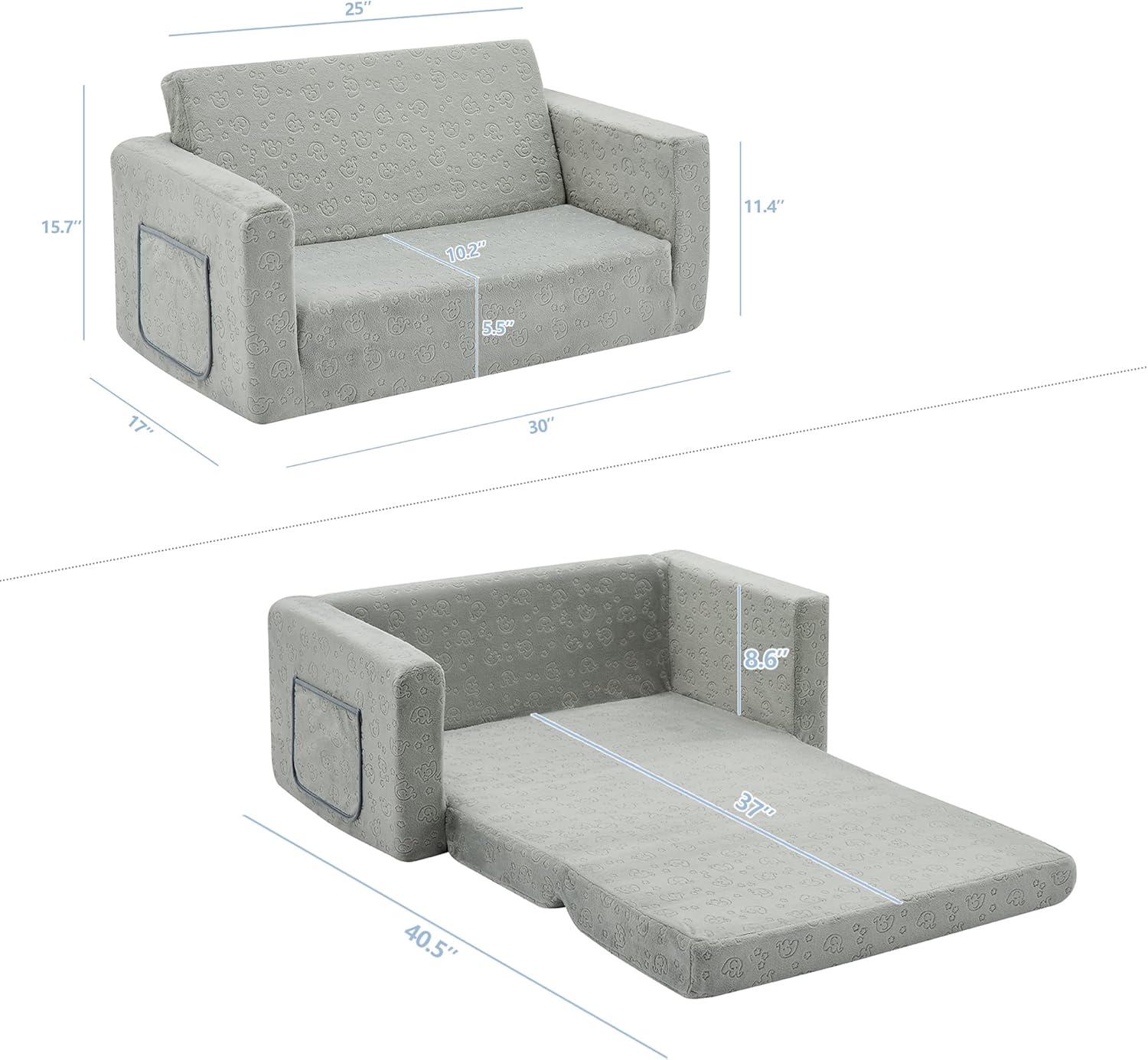 Ulax furniture Kids Fold Out Couch 2-in-1 Children Convertible Sofa to Lounger with Soft Plush Fabric