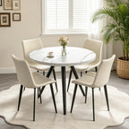 34.6" Round Dining Table Set for 4, Modern Kitchen Coffee Table Set with 4 Upholstered Leather Chairs, MDF Small Space Saving Dining Room Table and Chairs Set (White Table+4 Beige Chairs)