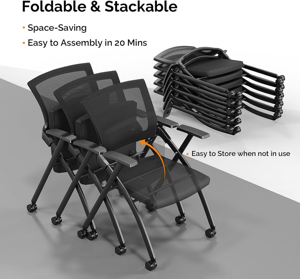 1 Pack Stackable Folding Office Chair with Wheels, Ergonomic Mesh Conference Room Guest Chair Stool for Waiting, Training Rooms, Reception, Events, Capacity 350lbs