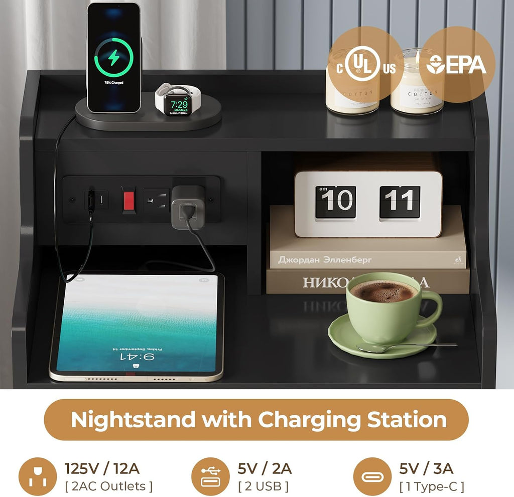 ADORNEVE Nightstand with Charging Station & Hutch,Black | Tall Bedside Table with 4 Drawers,Charging Night Table,Night Stand for Bedroom,Bed Side Tables