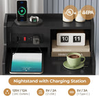 ADORNEVE Nightstand with Charging Station & Hutch,Black | Tall Bedside Table with 4 Drawers,Charging Night Table,Night Stand for Bedroom,Bed Side Tables