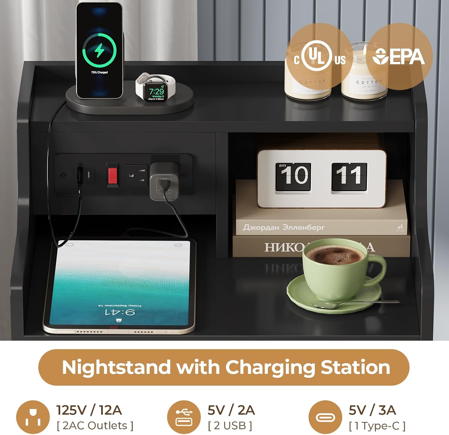 ADORNEVE Nightstand with Charging Station & Hutch,Black | Tall Bedside Table with 4 Drawers,Charging Night Table,Night Stand for Bedroom,Bed Side Tables