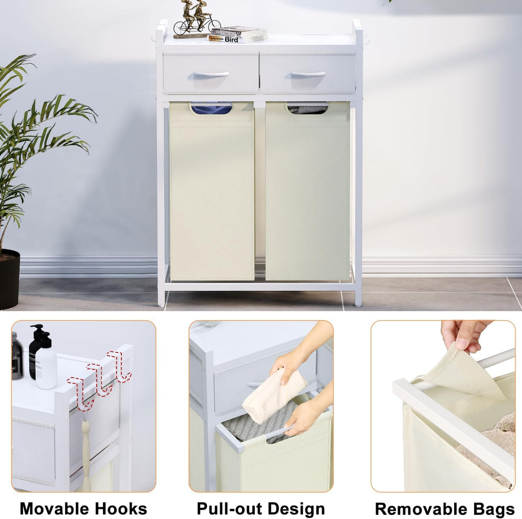 Timberer Laundry Hamper, Laundry Sorter 2 Section, Rolling Laundry Basket with Wheels, 2 Drawers, 2 × 14.5 Gal (55 L), Pull-Out and Removable Oxford Fabric Bags, White and Beige