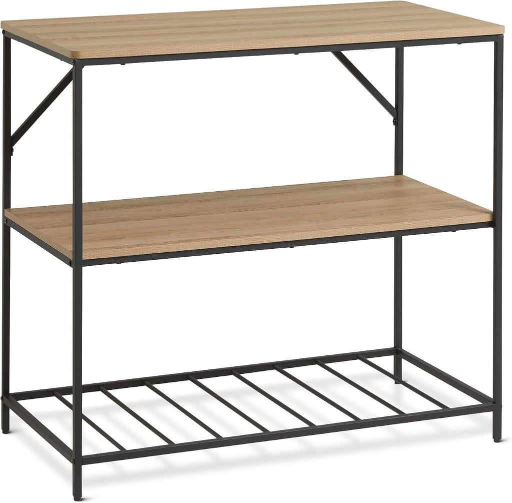 Amazon Basics Kitchen Island with 3 Storage Shelves, Black and Oak Effect, Melamine Surface, Adjustable Feet