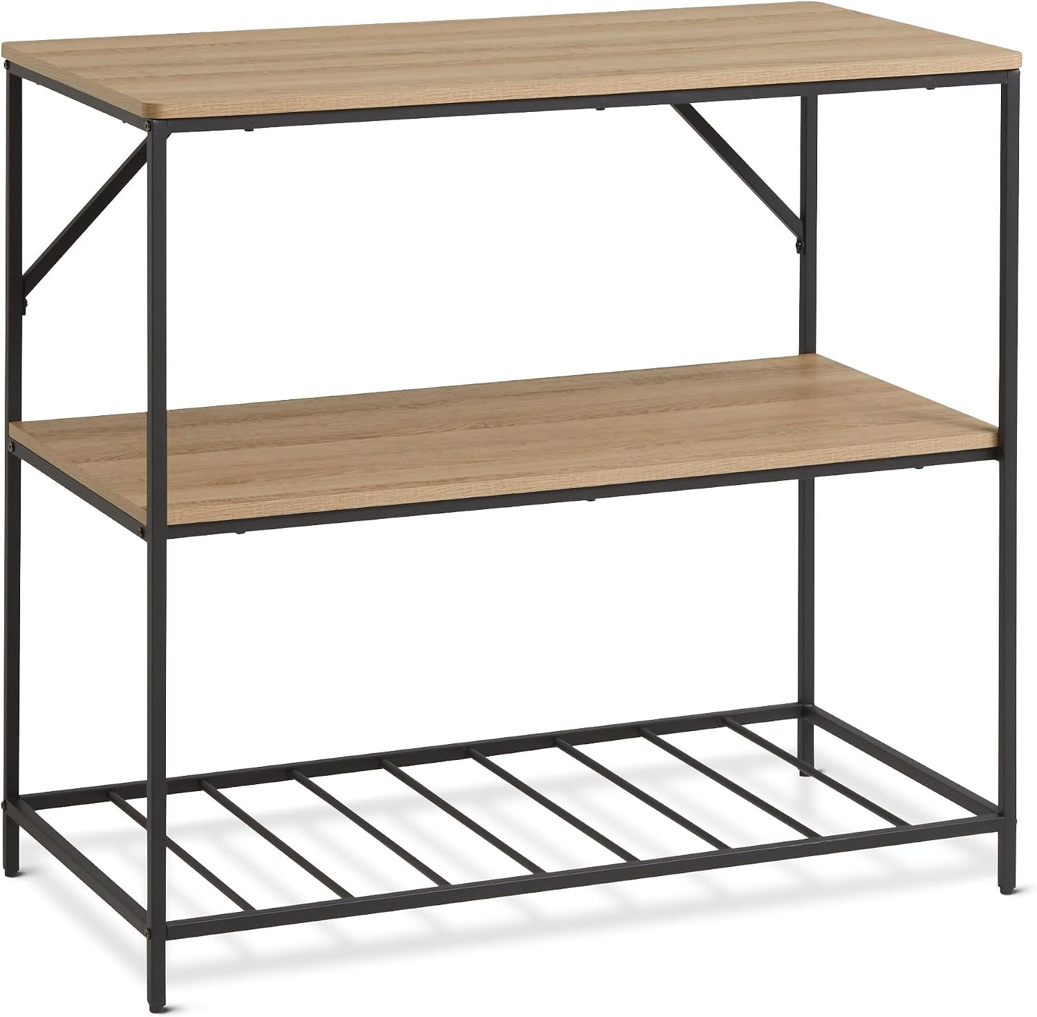 Amazon Basics Kitchen Island with 3 Storage Shelves, Black and Oak Effect, Melamine Surface, Adjustable Feet