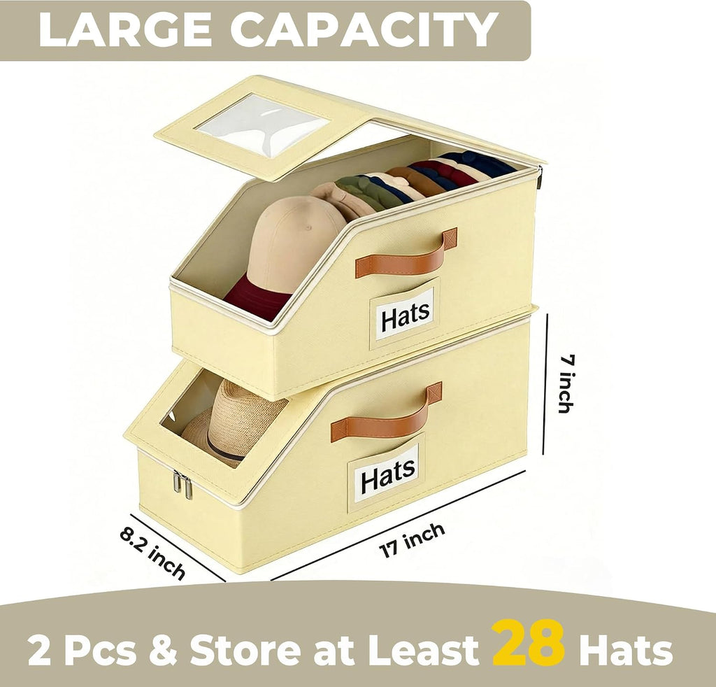 2 Pack Hat Organizer for Women & Men, Foldable Hat Storage Box with Clear Window Lid, Stackable Clear Hat Storage for Baseball, Cowboy Caps, Store up to 28 Caps, Butter Yellow