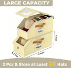 2 Pack Hat Organizer for Women & Men, Foldable Hat Storage Box with Clear Window Lid, Stackable Clear Hat Storage for Baseball, Cowboy Caps, Store up to 28 Caps, Butter Yellow