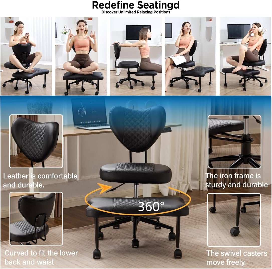 Ergonomic Cross Legged Chair, 360¡ã Swivel Meditation Chair with Wheels, Height Adjustable Seat for ADHD, Wide Criss Cross Legged Office Chair with Lumbar Support, Kneeling Chair