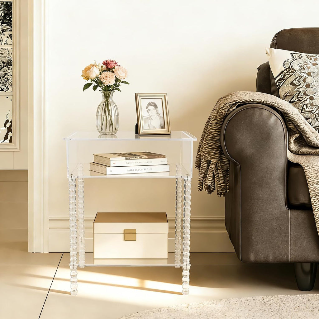 Acrylic Side Table, End Table with Storage, Small Bedside Table Accent Table, Nightstand for Living Room Bedroom, 16x 12x 20in (Clear)