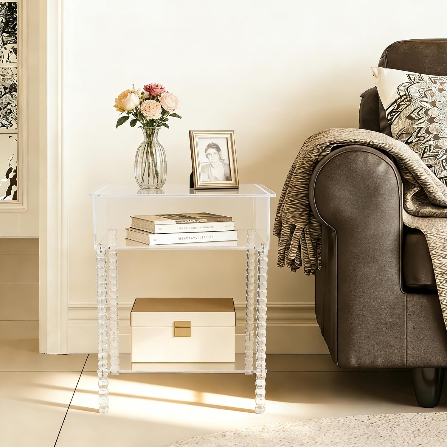 Acrylic Side Table, End Table with Storage, Small Bedside Table Accent Table, Nightstand for Living Room Bedroom, 16x 12x 20in (Clear)