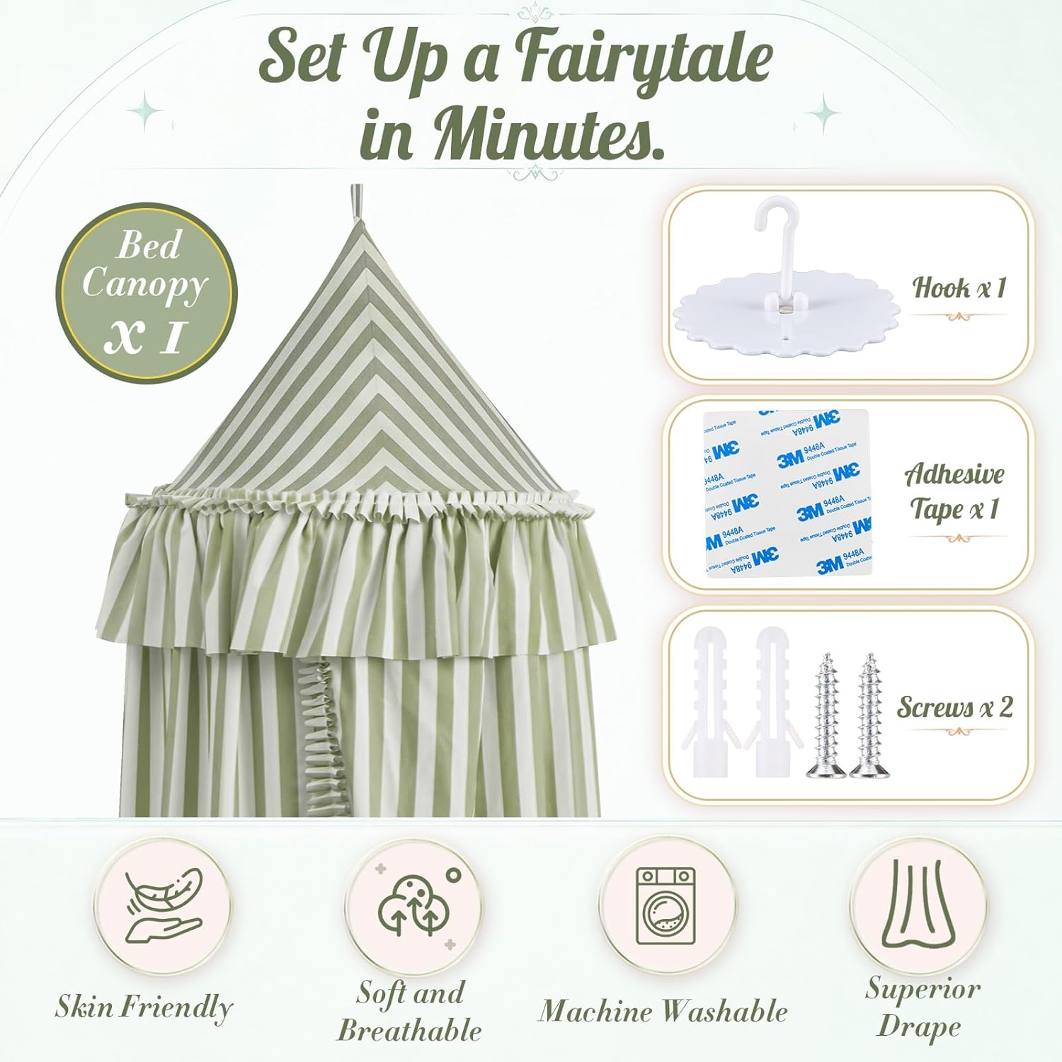 SmoothNovelty Green Striped Bed Canopy with Ruffles, Soft Cute Decorative Tent, Hanging Bed Curtains for Reading Nook Play Area, Adult Bedroom Circus Tent Canopy