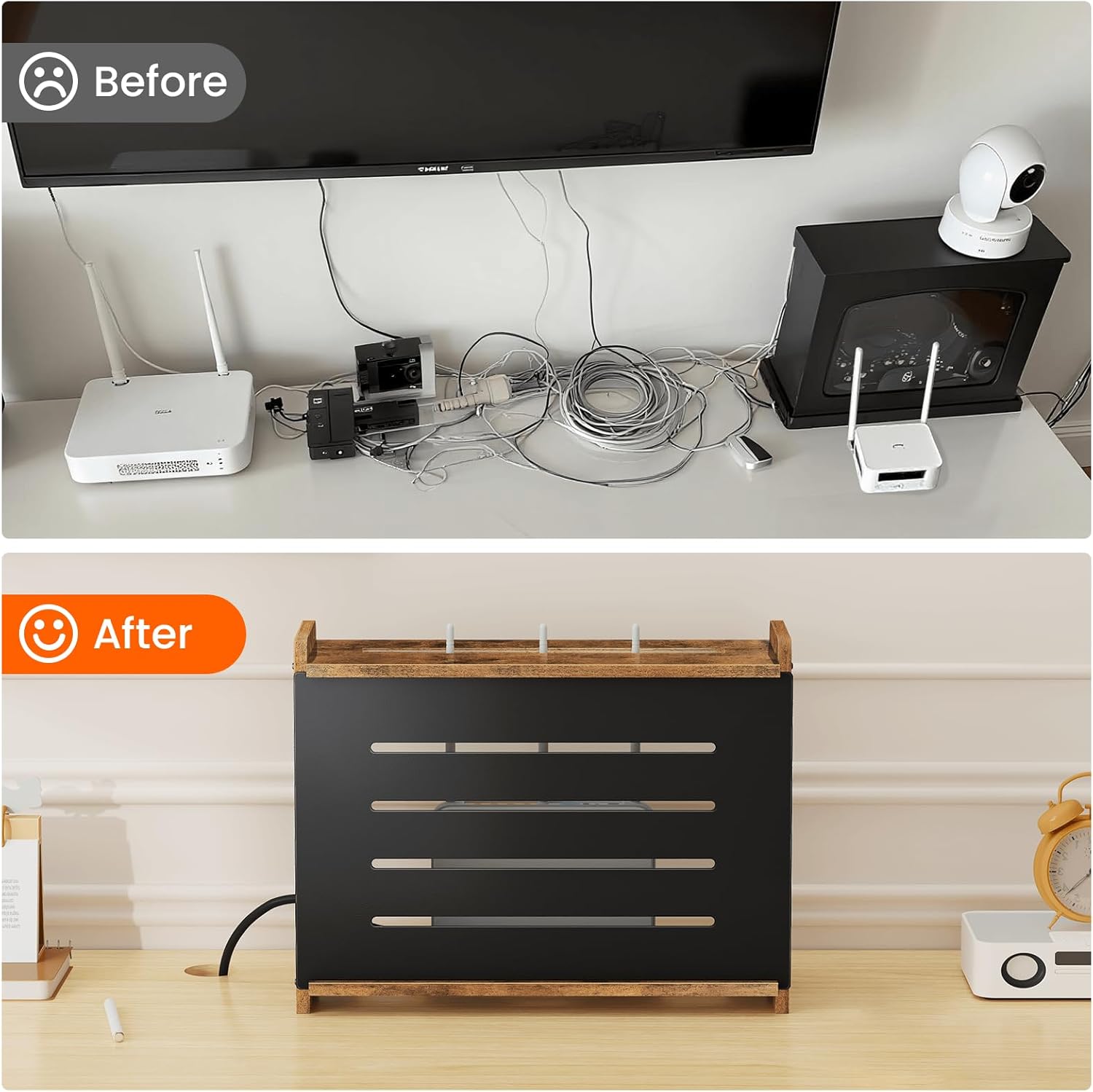 Homode Wooden WiFi Router Box Hider, Wall Mount or Tabletop Router Shelf with Metal Frame, Decorative Modem & Power Strip Storage Cabinet, Internet Cable Management Organizer, Rustic Brown