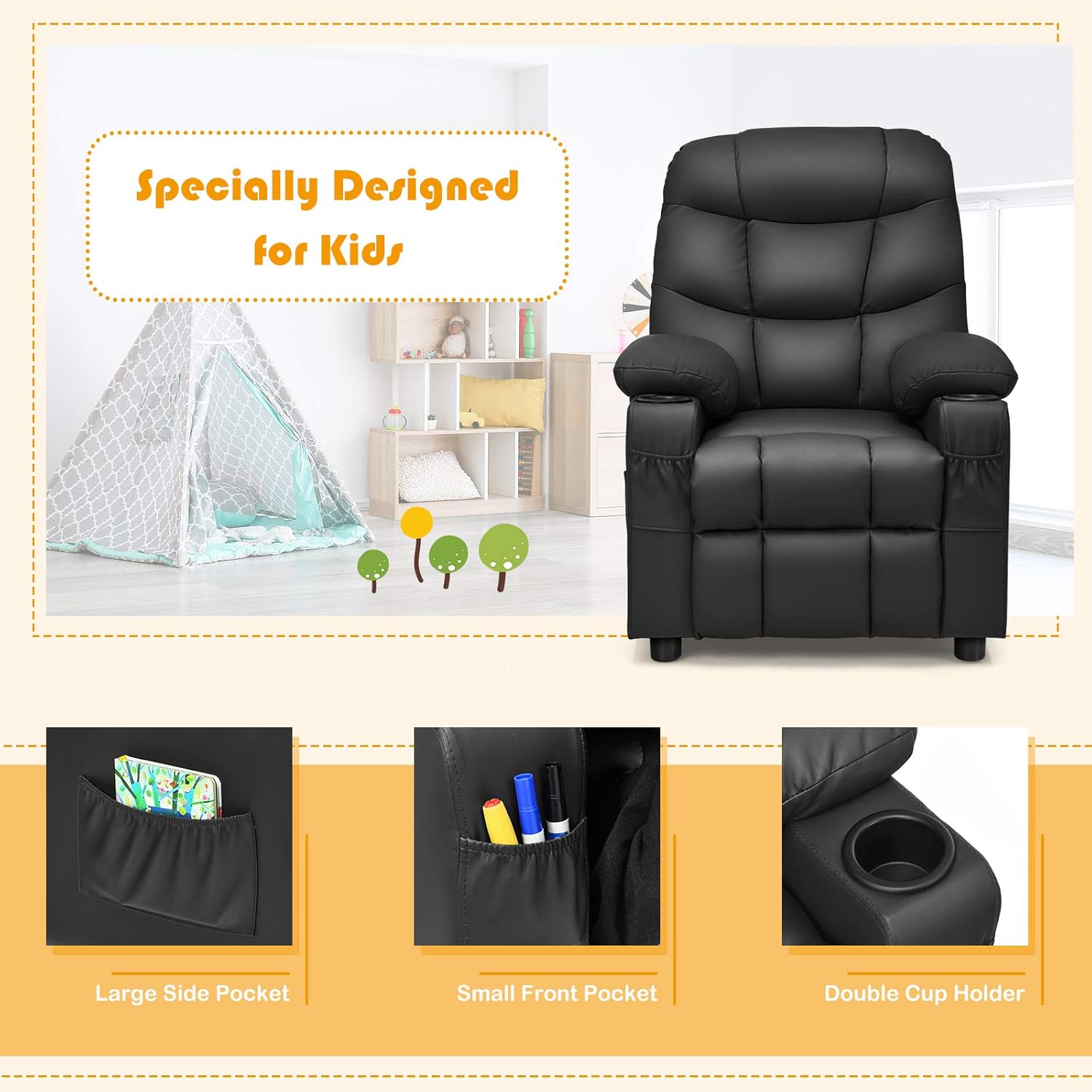 MAT EXPERT Kids Recliner, Leather Adjustable Reading Gaming Chair w/ 2 Cup Holder, 3 Side Pocket Storage & Footrest, Kids Couch Toddler Lounge Chair for Boys Girls, Kids Room Playroom Nursery (Black)