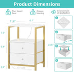 BOLUO Gold Nightstand with Charging Station, LED Night Stand with 2 Fabric Drawers, Bedside Table with USB Ports and Outlets, Nightstand for Bedroom Modern