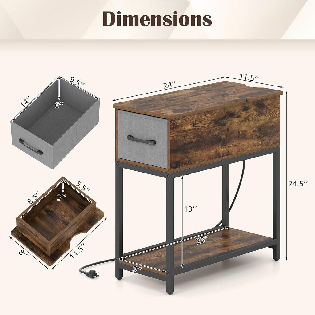 GOFLAME LED End Table with Hidden Charging Station, Narrow Compact Sofa Side Table with Storage Shelf & Fabric Drawer, Industrial Nightstand for Living Room, Bedroom, Rustic Brown (1)