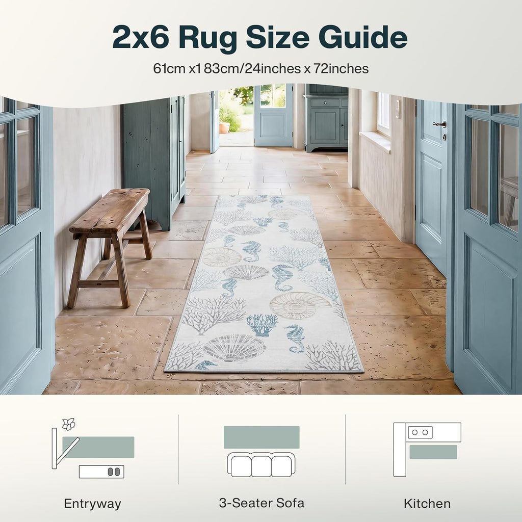 Tribesigns Boho Coastal 2x6 Washable Hallway Runner Rug Non Slip, Soft Ocean Beach Entryway Kitchen Runner Rugs Non Skid, Indoor Printed Carpet for Laundry Bathroom Decor, Light Grey/Blue