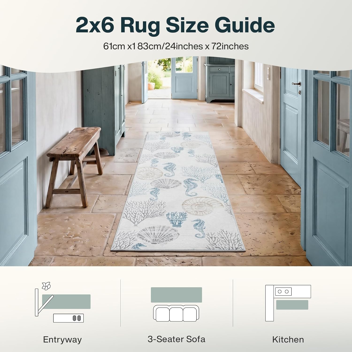 Tribesigns Boho Coastal 2x6 Washable Hallway Runner Rug Non Slip, Soft Ocean Beach Entryway Kitchen Runner Rugs Non Skid, Indoor Printed Carpet for Laundry Bathroom Decor, Light Grey/Blue