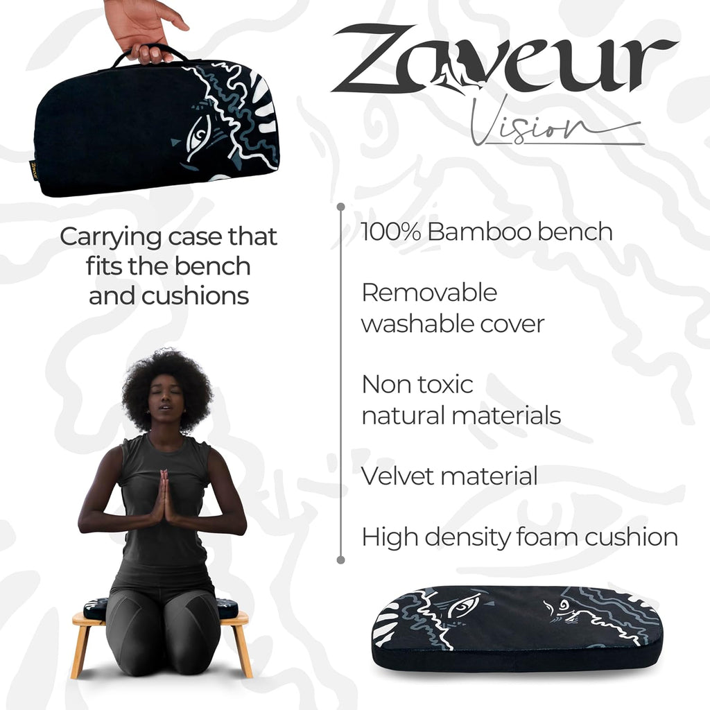 Zaveur Bamboo Meditation Bench with Cushion - Foldable Bench for Multiple Seating Angles - Kneeling Chair Meditation Stool - Yoga Chair Prayer Bench for Deeper and Longer Meditation - Black