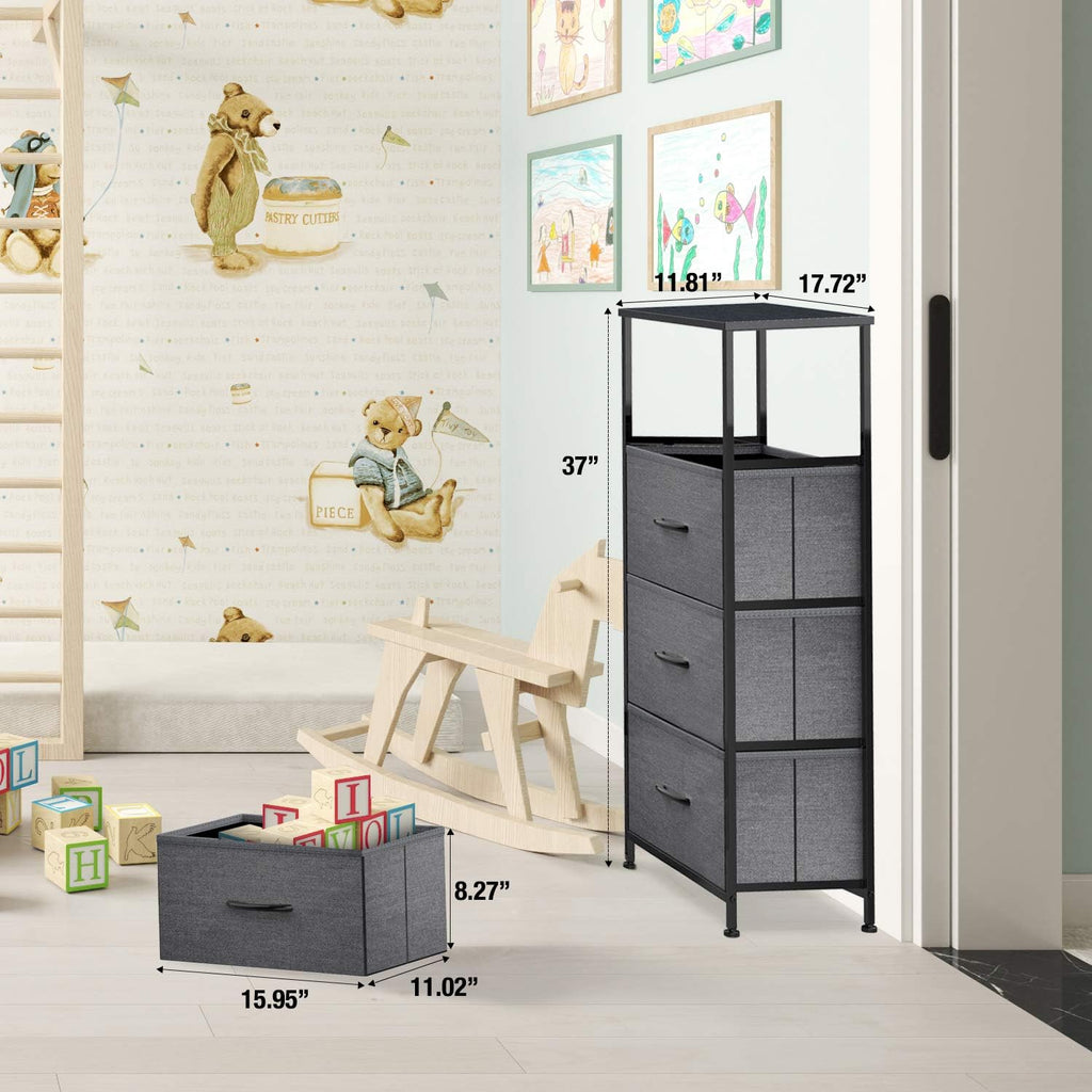 Yesker Storage Tower Units, Nightstand Dresser Organizer with 4 Drawers, Fabric Vertical, Steel Frame Wide Wood Top Small Dresser for Bedroom Hallway Entryway Closets, Easy Pull Handle, Black Grey