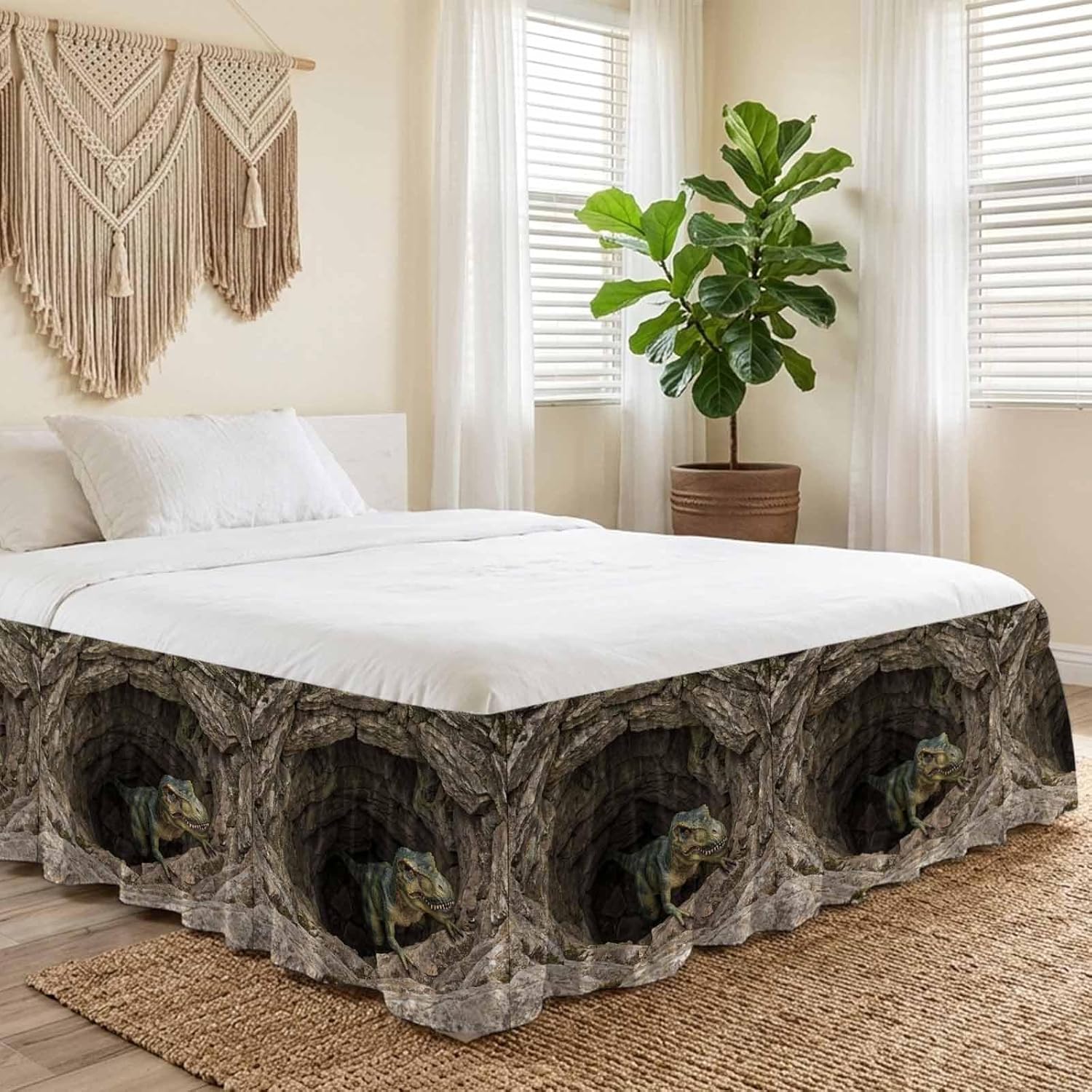 3D Optical Illusion Bed Skirt Full/Queen Size Bed Skirting 16 Inch Drop Adjustable Elastic Dust Ruffles Wrap Around Bedskirt Pleated Nature Dinosaur Stones Brown Bedding Frame Cover for Dorm