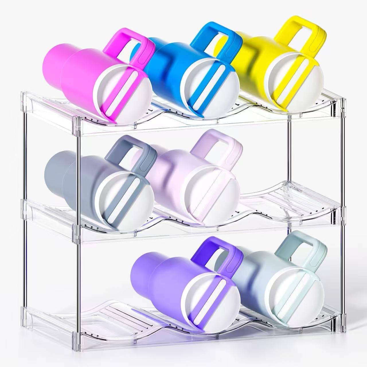 Stackable Water Bottle Organizer for Cabinet, Bottle and Other Tumbler Organizer for Kitchen Cabinets,Clear Stackable Water Bottle Holder and Wine Rack
