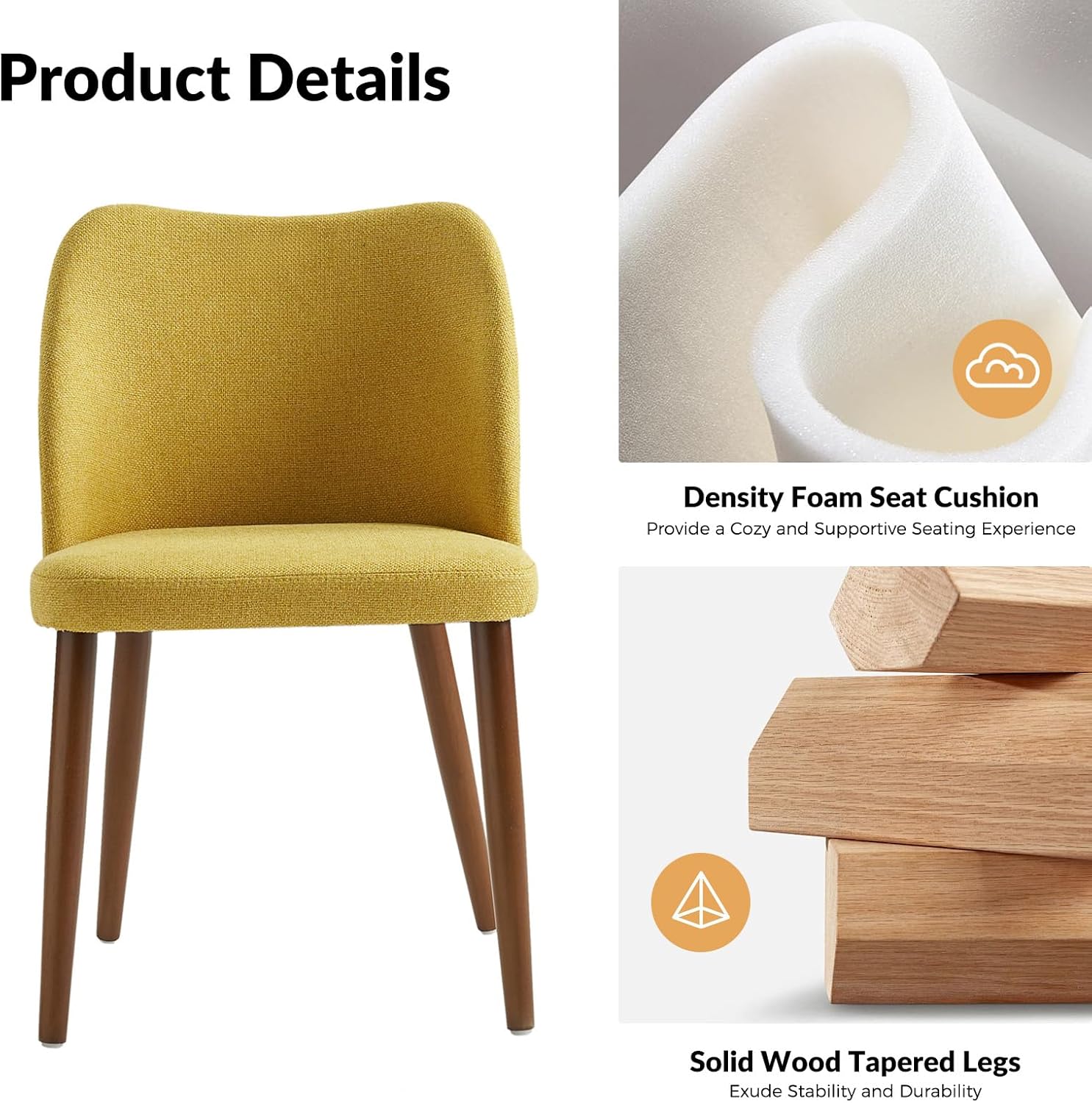 Dining Chairs Set of 2, Upholstered Kitchen Dining Room Chair Set Morden Accent Side Dinner Chair with Curved Padded Back Wood Legs for Restaurant/Cafe, Mustard