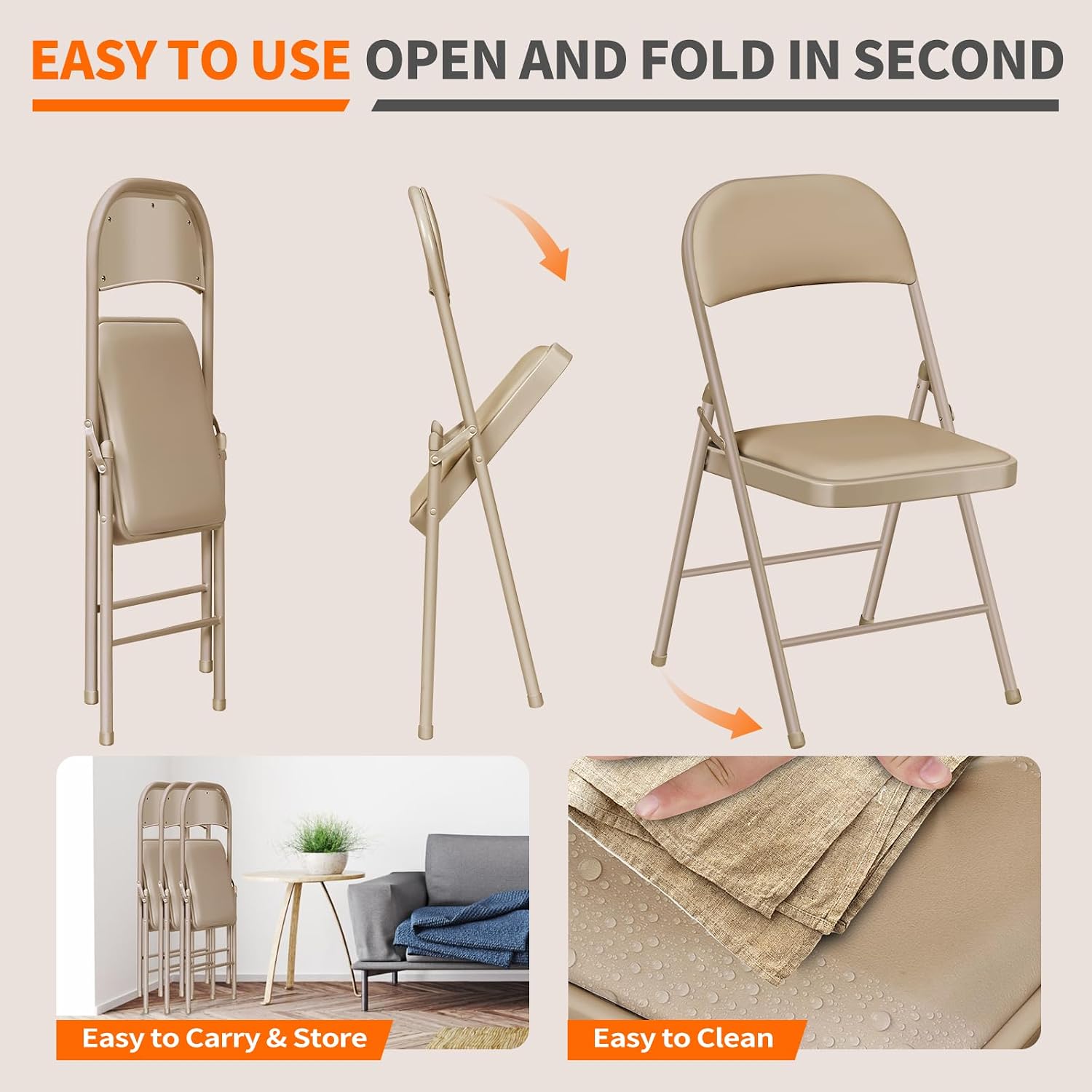 6 Pack Folding Chairs with Padded Seats, Portable Metal Folding Chairs, Vinyl White Padded Folding Chair for Home Party Office Event Outdoor Indoor (Brown, 6 Pack)