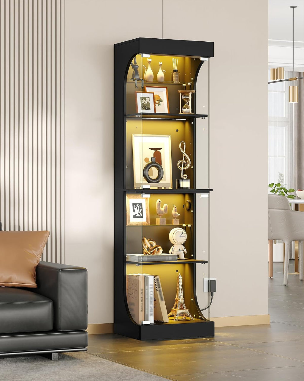 Hzuaneri Glass Display Cabinet 4-Tier Display Case with RGB Lights Black | Curio Cabinet Adjustable Glass Shelves, Human Body Sensor, Press-To-Open Doors Storage Cabinets Showcase For Collectibles