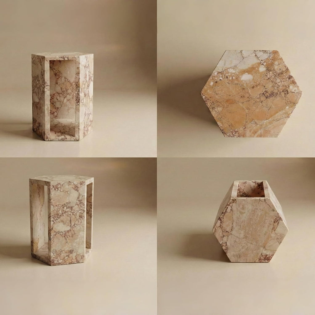 Modern Pink Natural Marble Side Table,Hexagon Accent Tables for Small Spaces,Luxury Real Marble End Table,Solid Stone Accent Tables Living Room,Nightstand