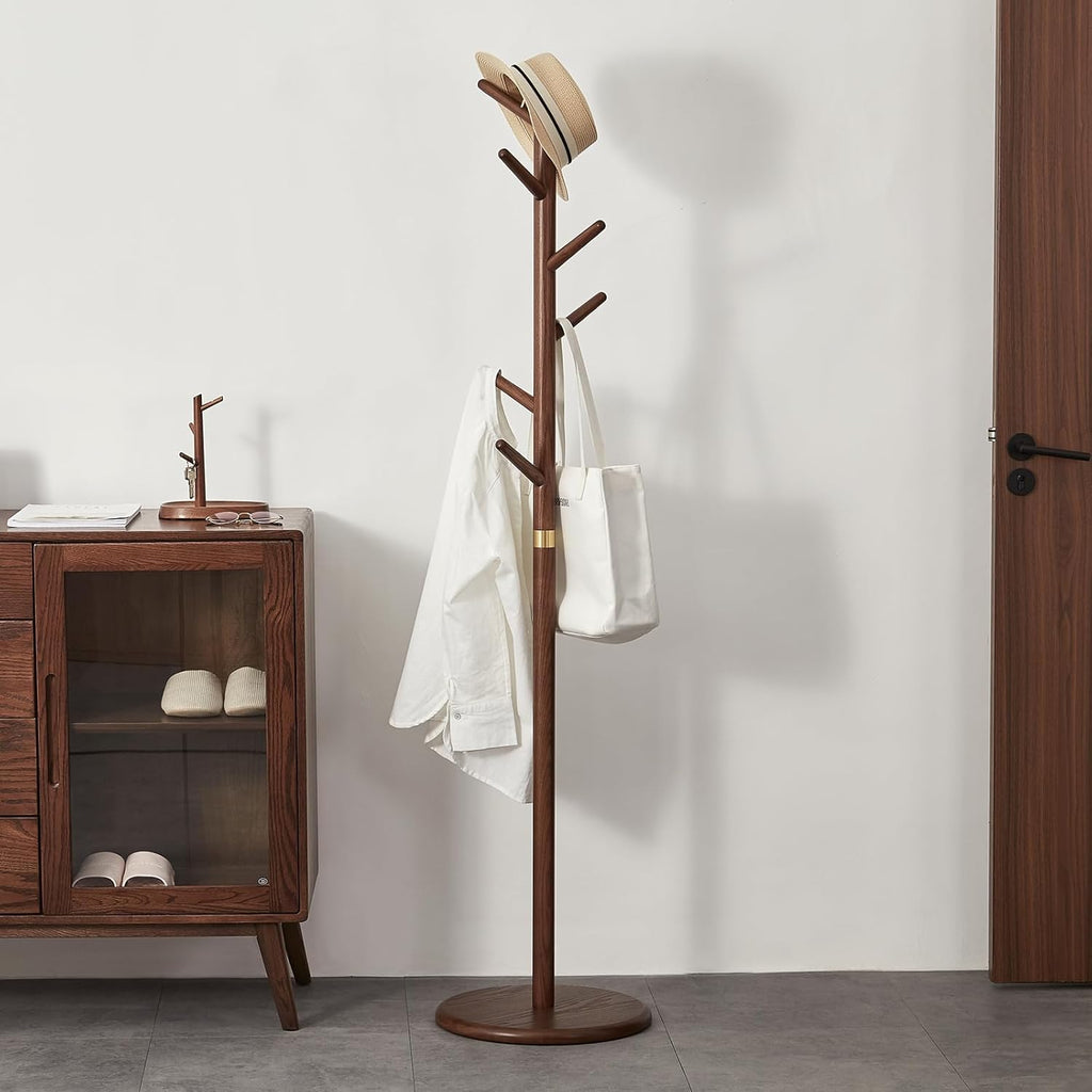 Coat Rack, Solid Wood Coat Rack Freestanding with 6 Hooks, Wooden Coat Tree Freestanding for Hats, Handbags, Coat Stand for Entryway, Bedroom, Hallway - Gift for Her (Walnut)