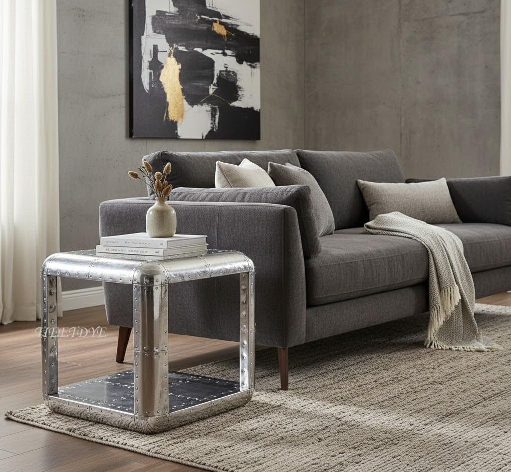 Aviator Side Table with Small Drawer Aluminum Finish Industrial Riveted Accent Table