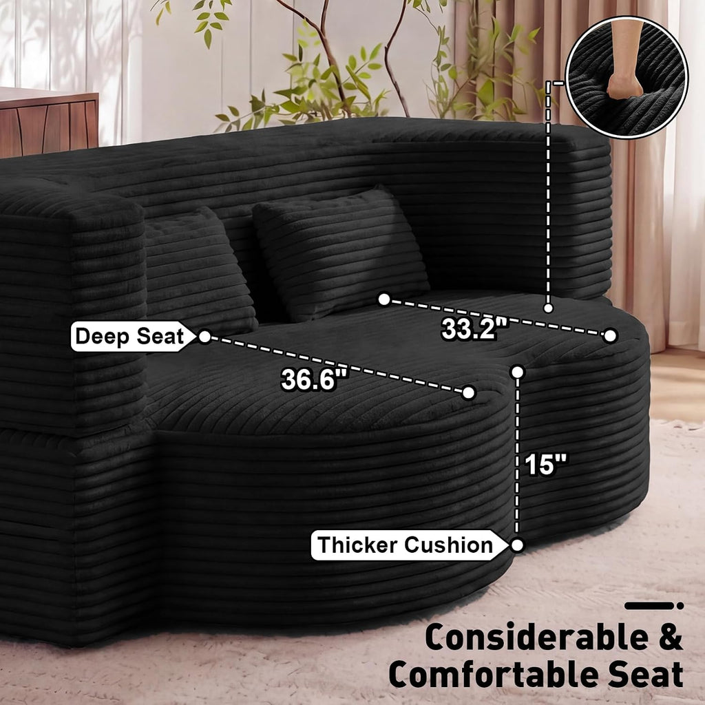 78" Full Size Convertible Futon Sofa Bed, Corduroy Folding Sleeper Sofa Bed with 2 Pillow, Foam Mattress Boneless Couch Bed, No Assembly Loveseat Couches for Living Room Apartment, Space‑Saving, Black