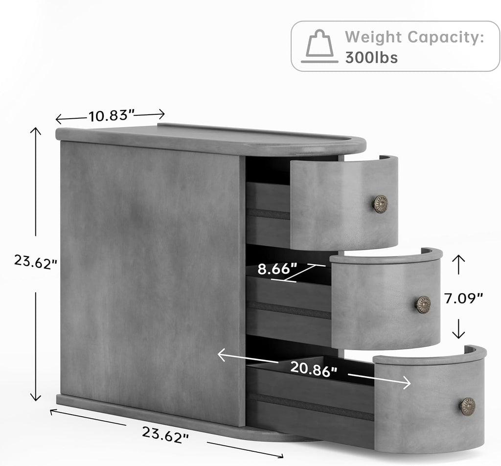 Wood End Table with 3 Drawers, No Assembly Required Narrow Sofa Side Table for Living Room, Vintage Slim Nightstand Bedside Table Bedroom (3 Drawers, Grey, 1Pc)
