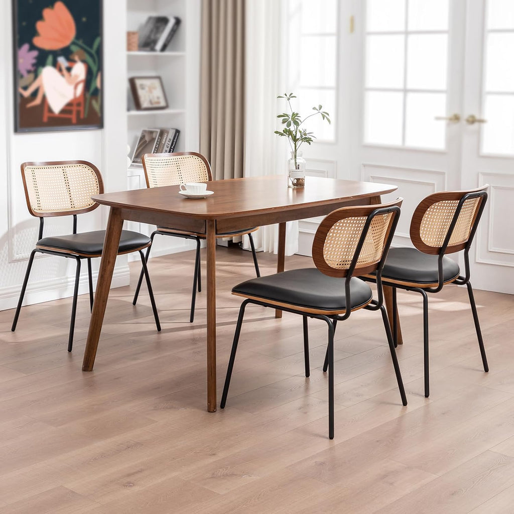AQG Rattan Dining Chairs Set of 4, Mid Century Modern Dining Chairs, Cane Back Chairs, Cane Back Leather, Kitchen & Dining Room Chairs with Metal Legs (Black-PU, Set of 4-Rattan)