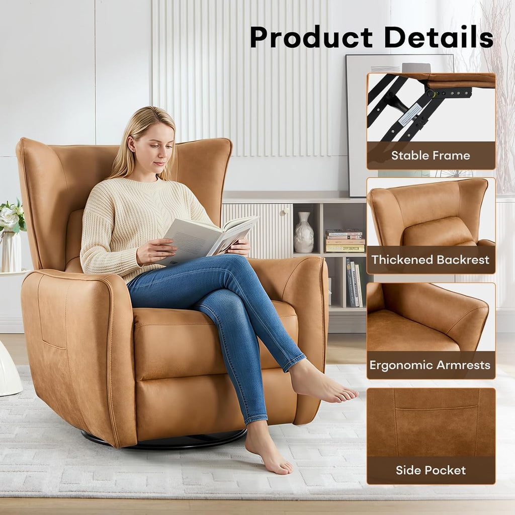 HAOMARKETS Electric Swivel Rocker Recliner Chair Set of 2, Power Faux Leather Glider Rocking Recliners for Adults, 270° Swivel Nursery Reclining Sofa with Overstuffed Backrest，Brown