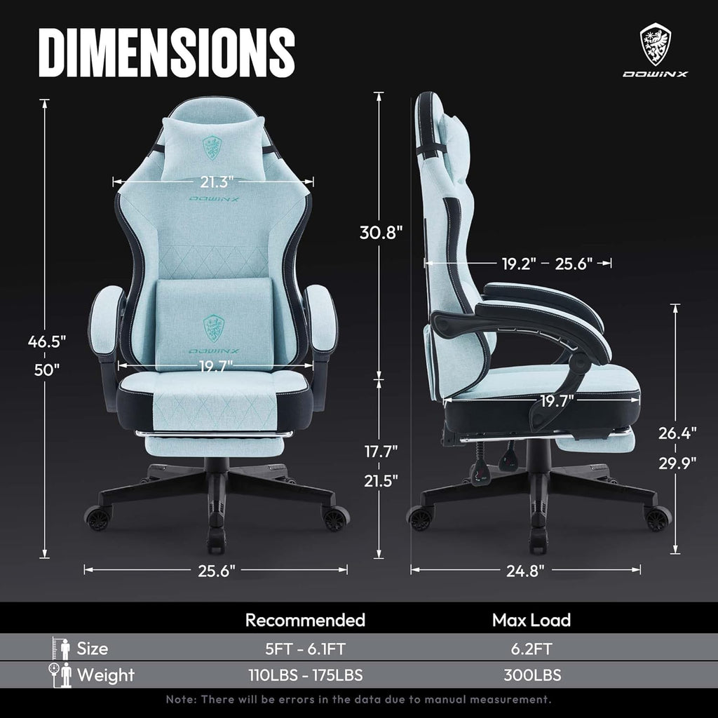 Dowinx Gaming Chair Fabric with Pocket Spring Cushion, High Back Ergonomic Computer Chair with Footrest for Adults, Massage Lumbar Support Swivel Game Chair for Office Gaming 300LBS, Cyan