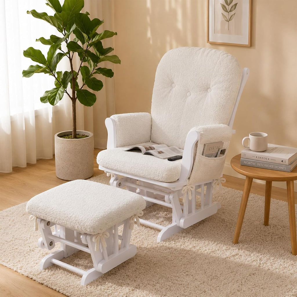 5PCS Glider Rocker Replacement Cushions with Ottoman Cover, Tufted High Back & Teddy Plush Rocking Chair Cushion Set, Thickened 3.5'' Glider Cushions with Side Pockets for Indoor Nursery, Cream