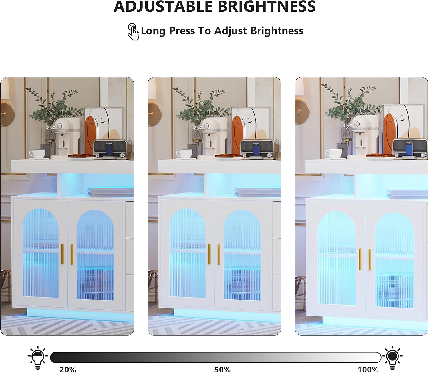 Gurexl 40" LED Buffet Cabinet with Wireless Charging Station,Auto Sensor RGB 20-Color Dimmable Sideboard with Human Body Induction,Sideboards Cabinet with 1 USB&Type-C Port and 3 Drawers