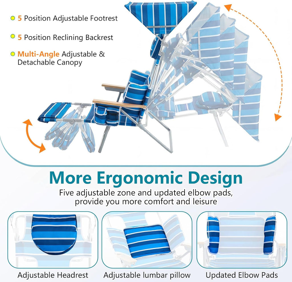 Backpack Beach Chair with Footrest, Double Shoulder Straps Folding Tanning Chair with Face & Arm Hole,Sunbathing Lounge Chair for Pool, Beach, Lawn (2Pcs, Standard)