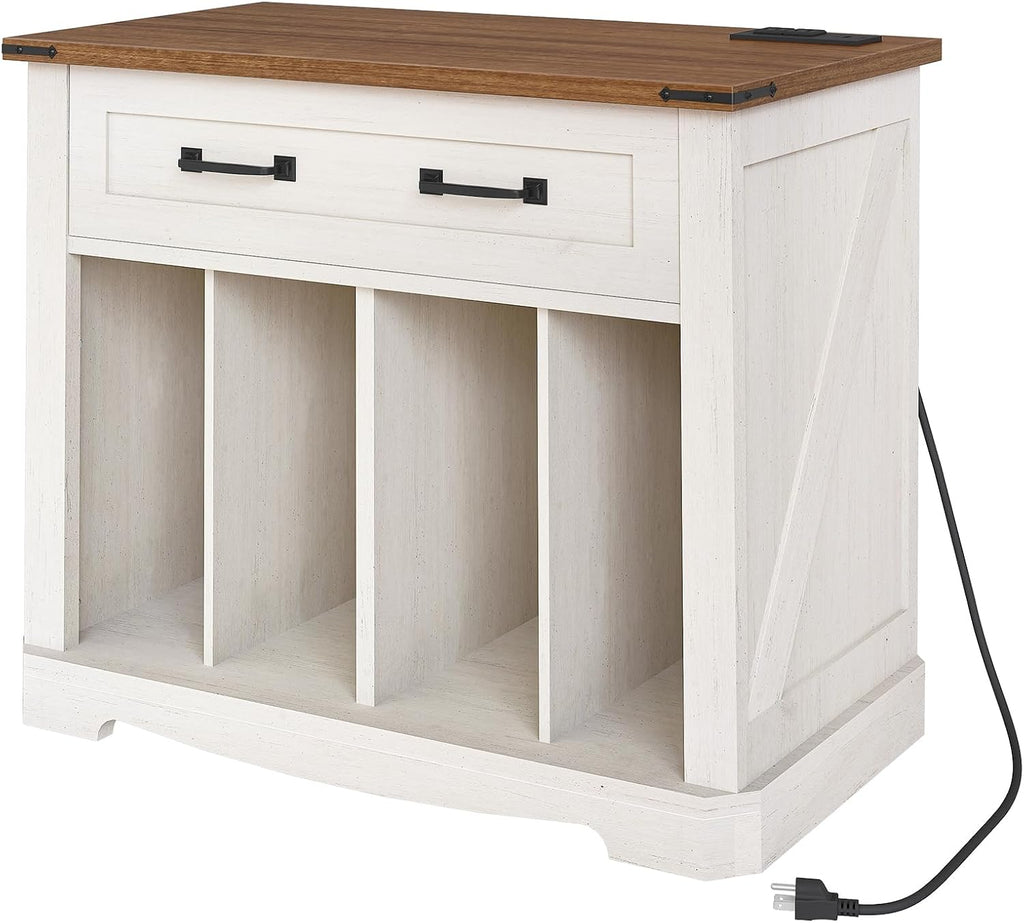YATINEY Large Record Player Stand with Charging Station, Turntable Stand with Drawer, Vinyl Record Storage, End Side Table for Living Room,Vintage White and Brown ET75UWH